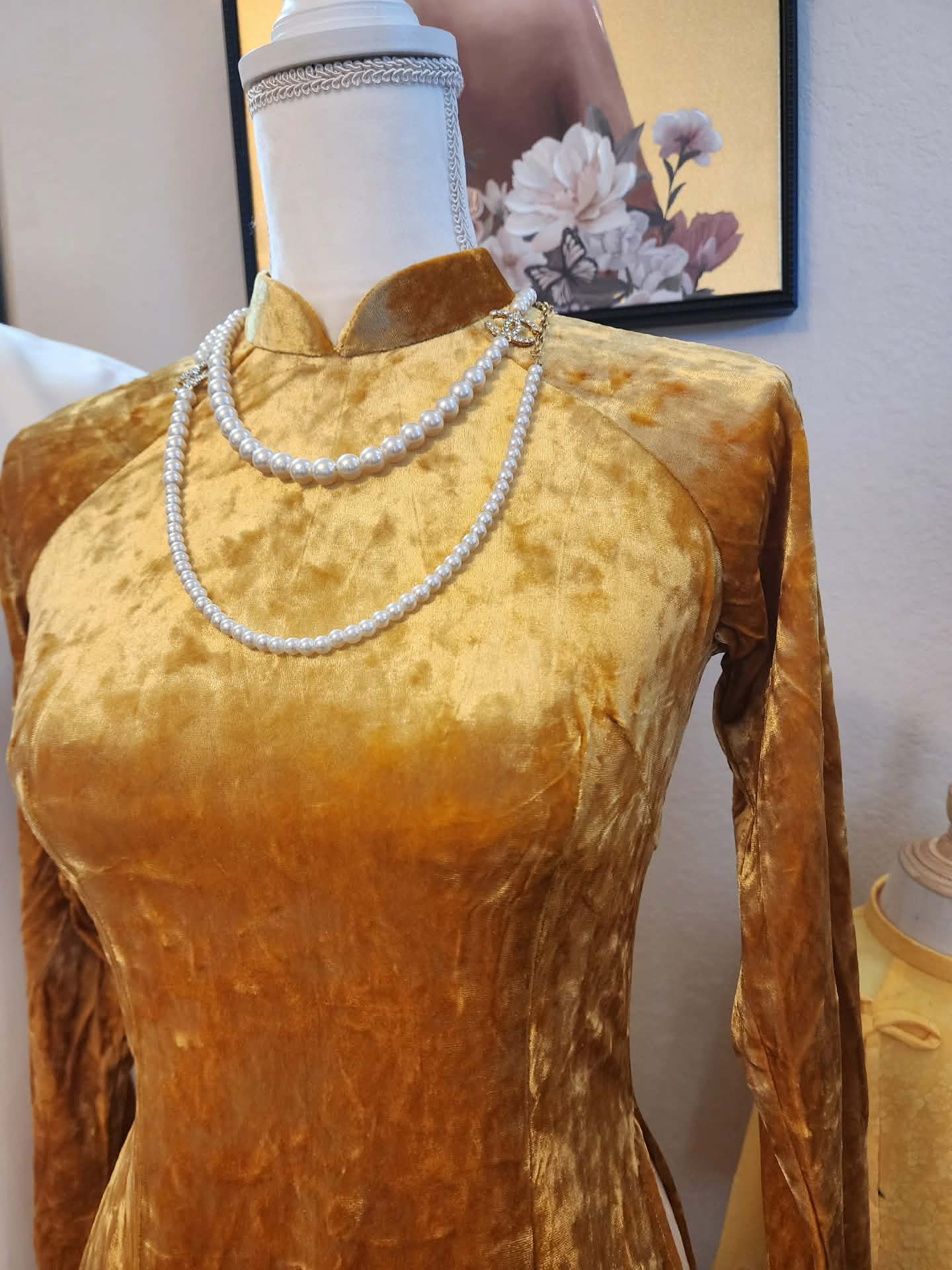 Ao Dai Nhung- Velet: Vietnamese Traditional Long Dress / Yellow Color/ No pants/ TT89