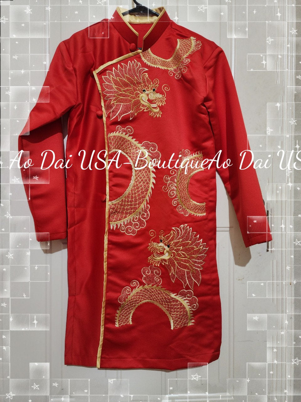 Red Design Yellow Embroidered Dargon Ao Dai Gam B206