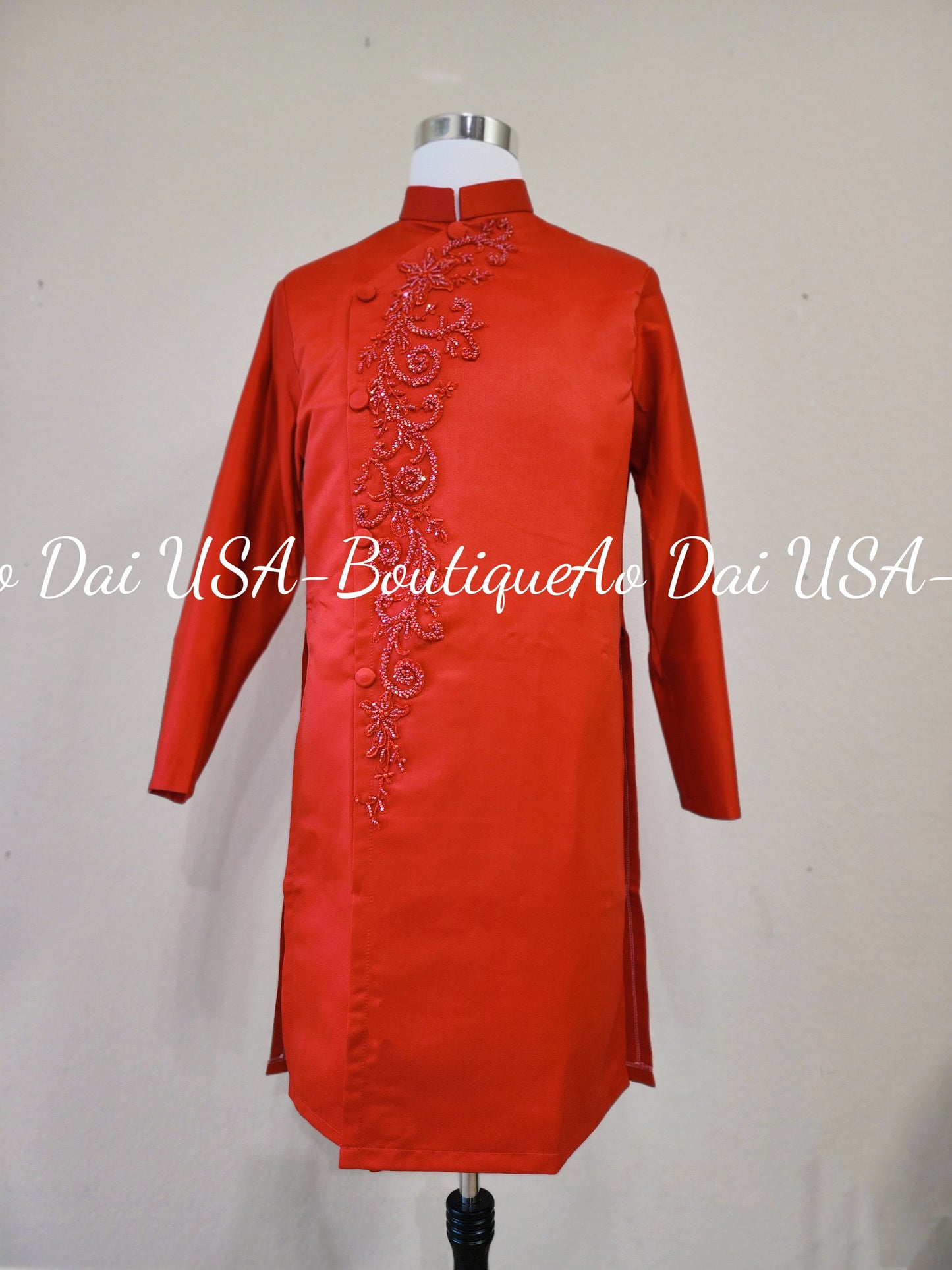 Ao dai Red Color Design With Crytal B177