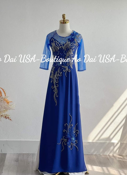 Only áo- Blue Chiffon Double Layer with crystals and pearls-DS