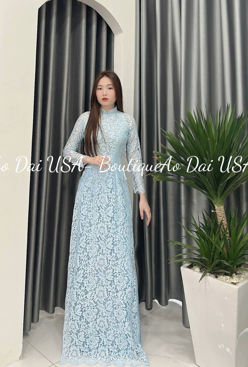 Top Only- Lace Ao Dai double Layers Blue Color-B251