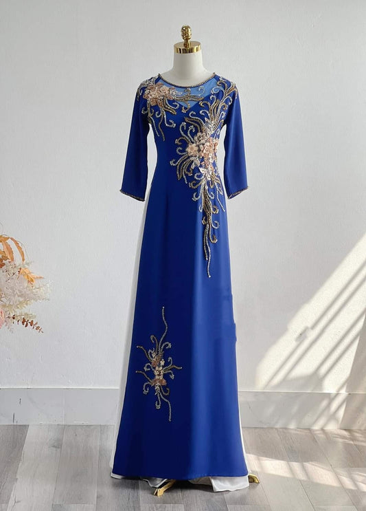 Only áo-Ao Dai Blue Chiffon Double Layer with crystals and pearls-DS24