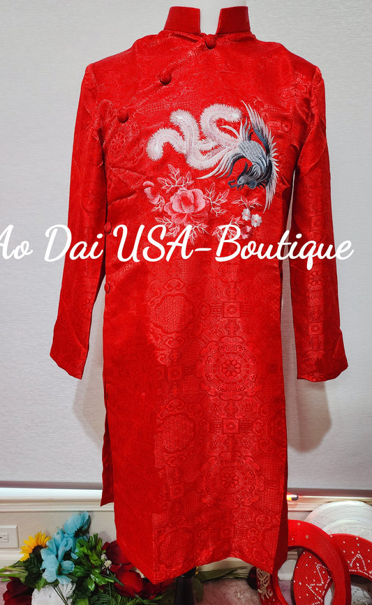 Ao Dai For Men Red Embroidered B216