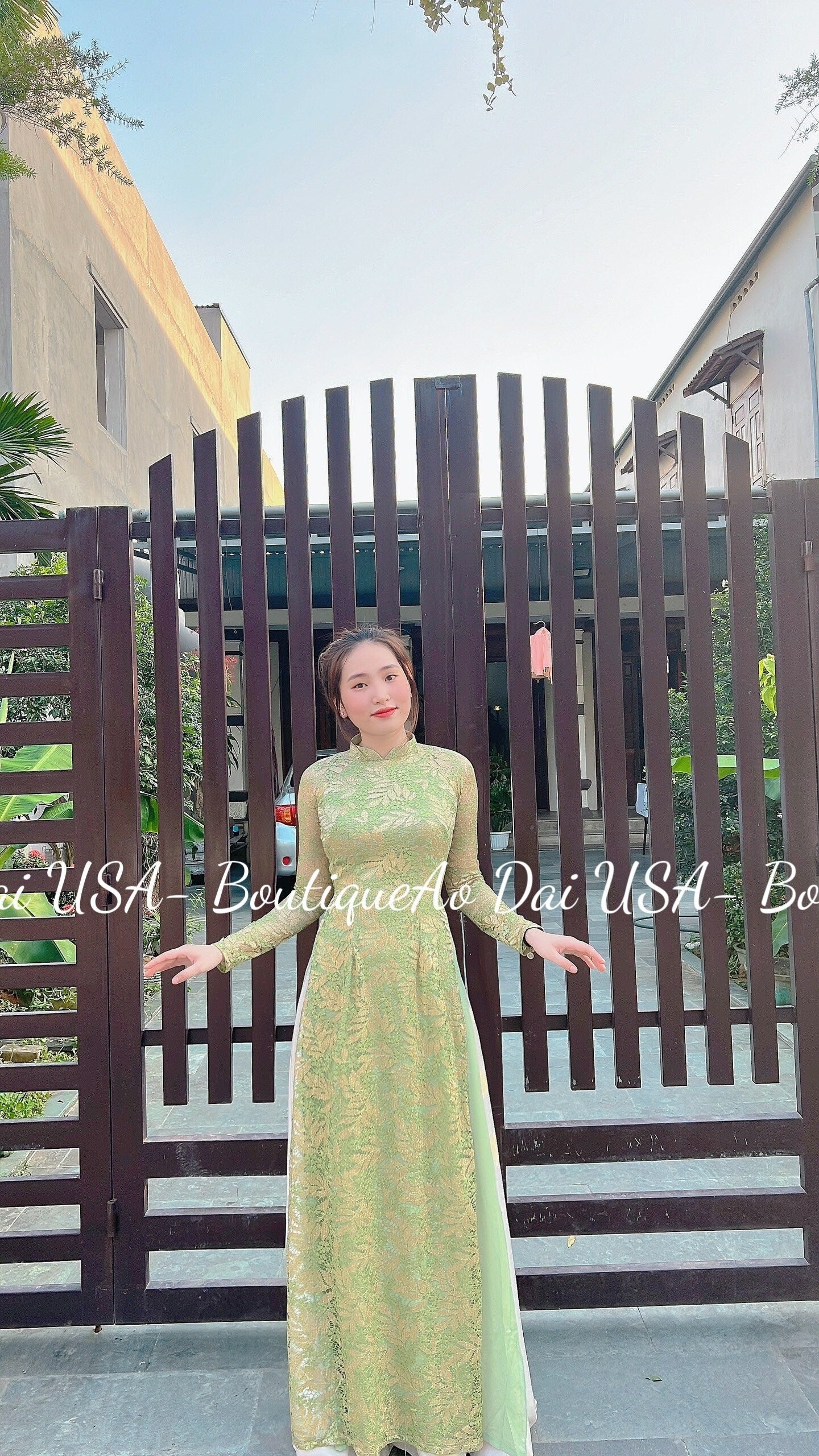 Double layers Lace Avocado Ao Dai Set-White Pants included- B249