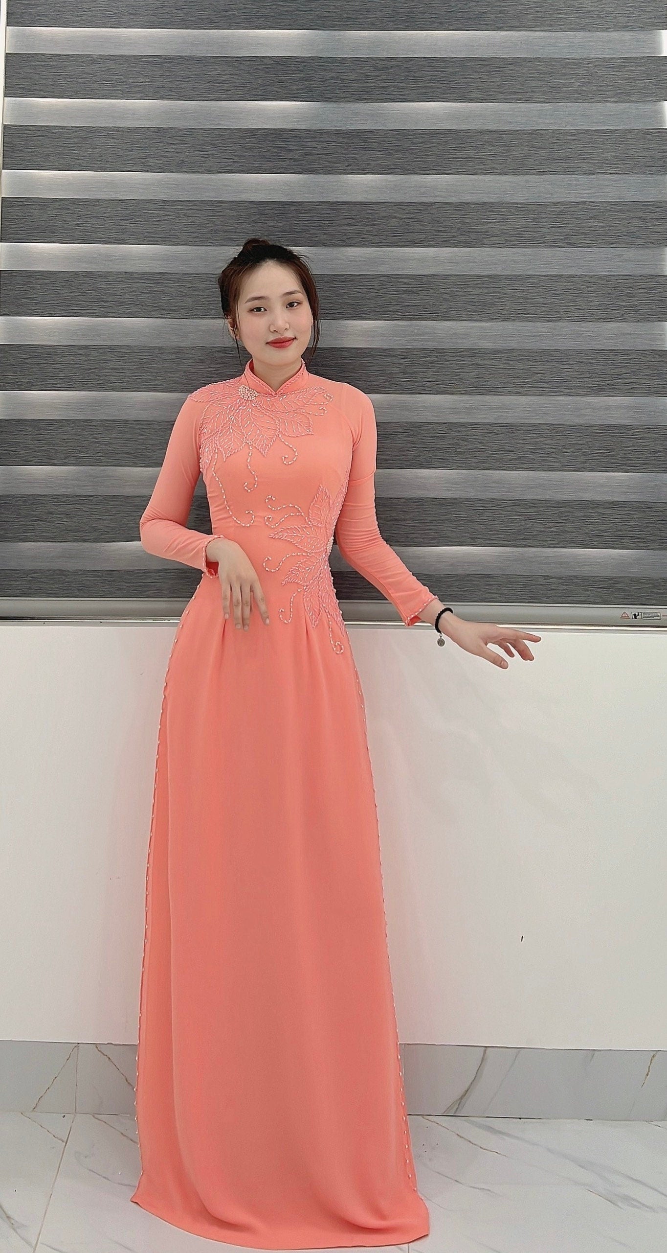 Set Ao Dai Chiffon Double layers With Pearls And Crystal-DS13