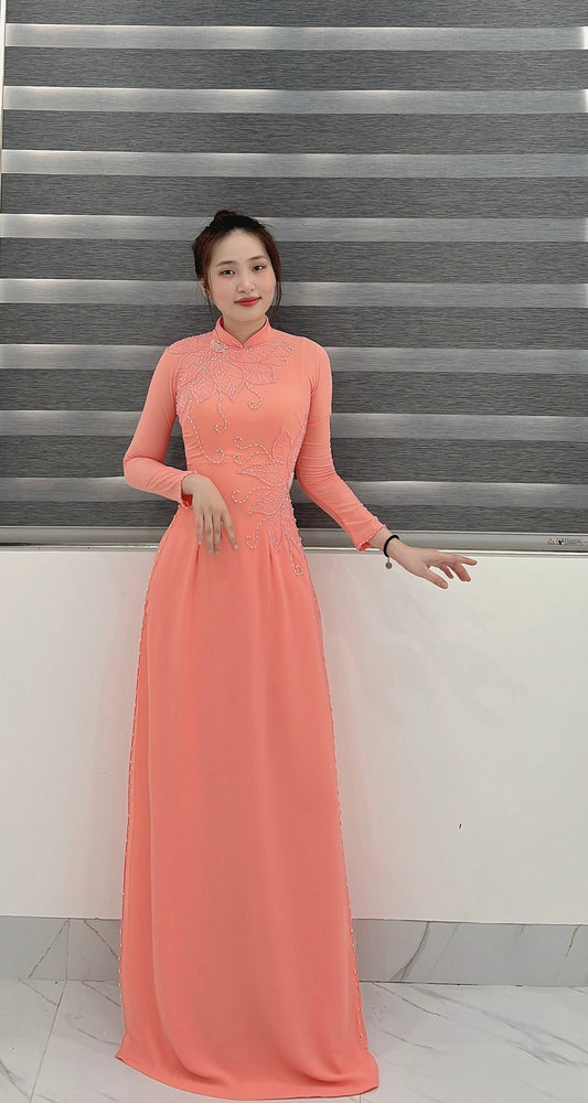 Set Ao Dai Chiffon Double layers With Pearls And Crystal-DS13