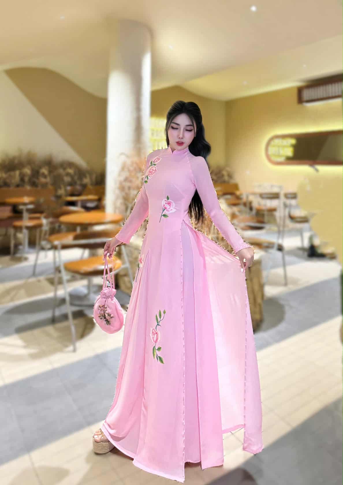 Embroidered Chiffon Ao Dai: Vietnamese Traditional Dress with Crystal DS24