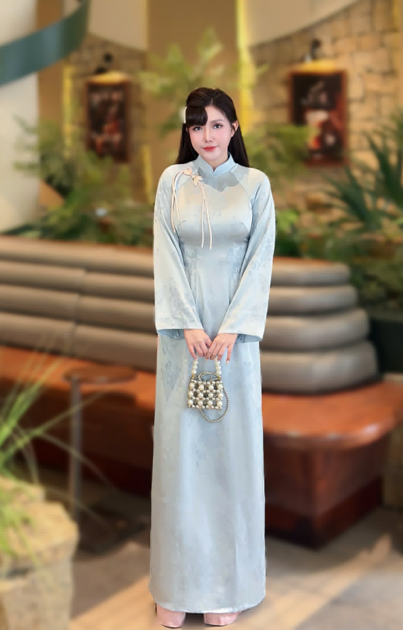 ANH HOA Set Ao Dai Gam Ha Nam Design For Women Light Blue Color/ Traditional Long dresses Vietnamese/Pink pants included/TT269