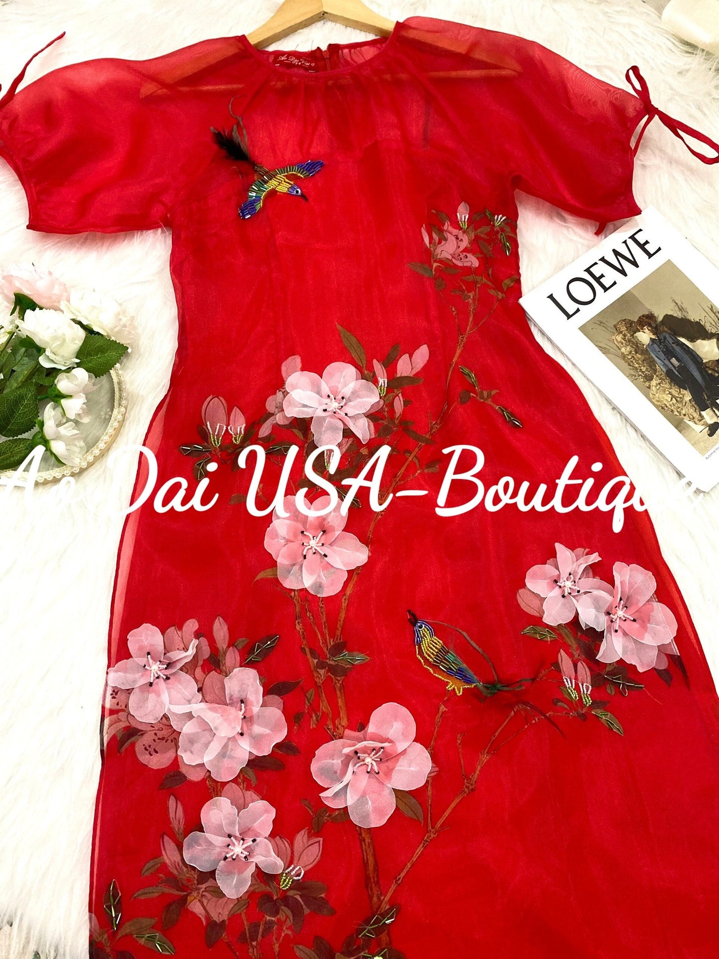 Set Ao Dai Cach Tan Flower Ribbon-Pants included B293