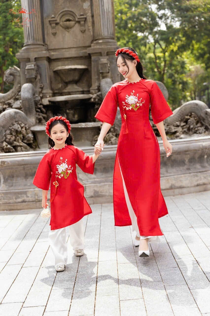 Set Family Red Ribbon Ao Dai Set (No Headband) | Pants included B125