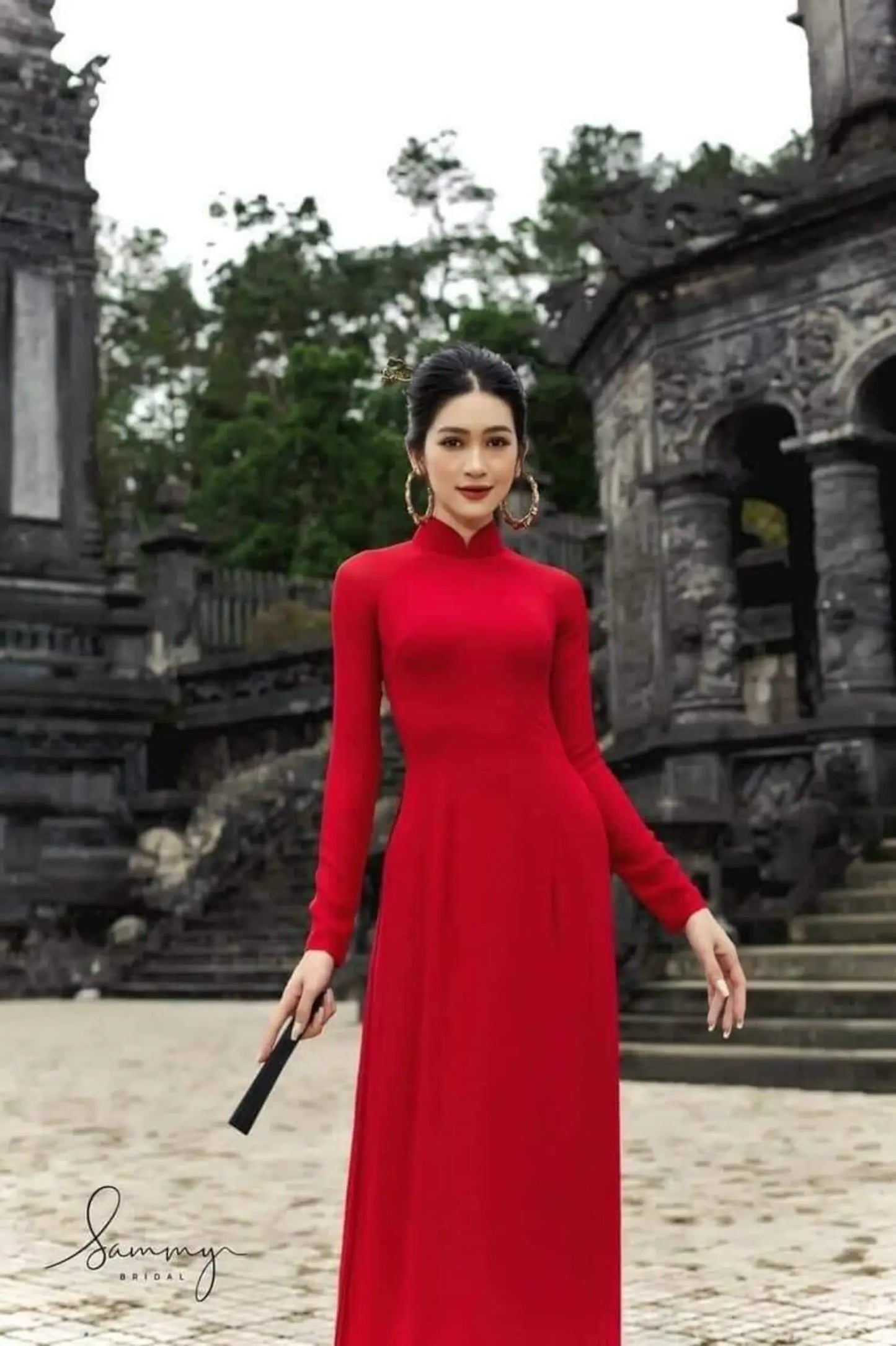 Set Ao Dai Chiffon Double Layers/Red Color Traditional/Pants include/TT107