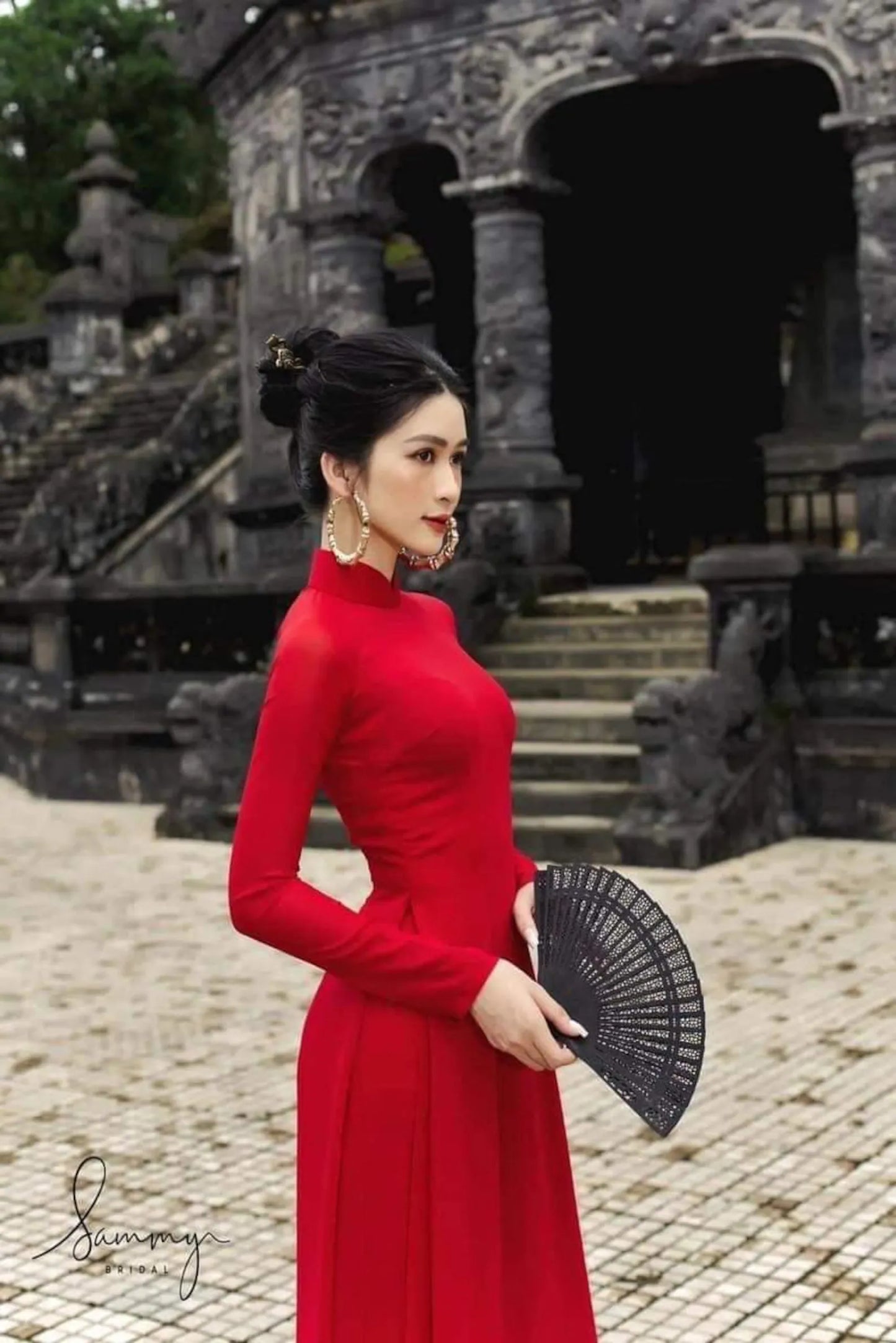Set Ao Dai Chiffon Double Layers/Red Color Traditional/Pants include/TT107