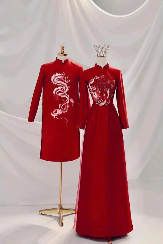 Set Ao Dai Wedding Red Color Matching/Red Pants included/W389