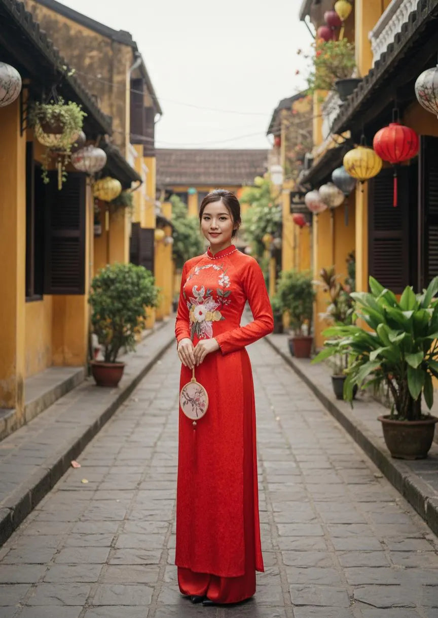 Red Ao Dai Dress: Vietnamese Traditional Long Dress/ Red Pants included/TT173