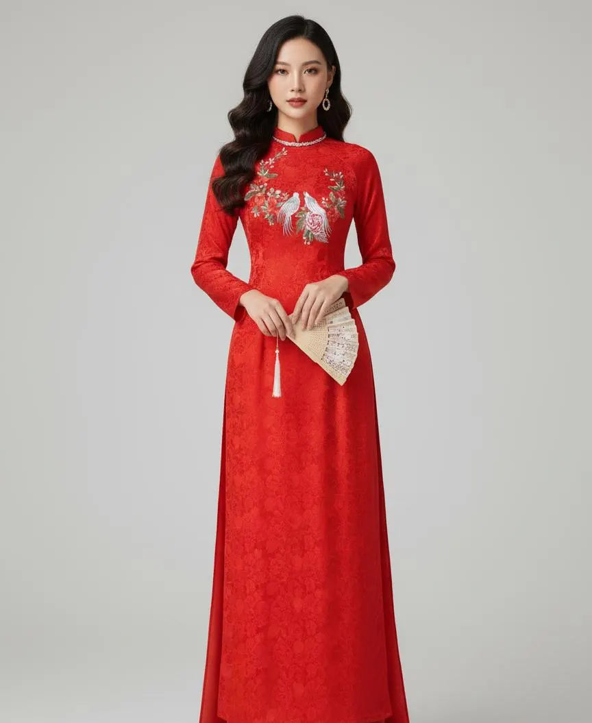 Set Ao Dai Lua Tra Mi Embroidered/ Red Pants included/TT173