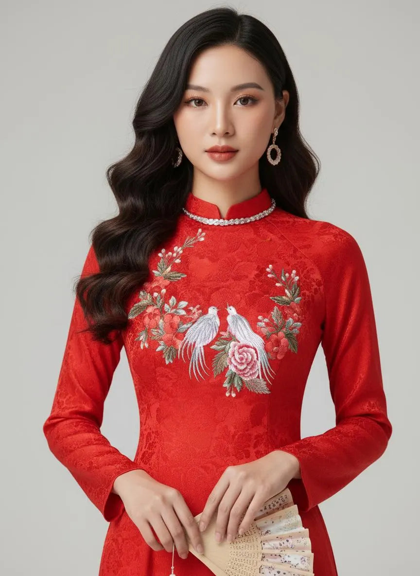 Set Ao Dai Lua Tra Mi Embroidered/ Red Pants included/TT173