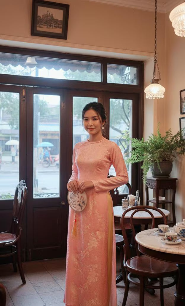 Ao Dai Lụa Tơ tằm Hà Nam Light Pink Mix Yellow/TT58