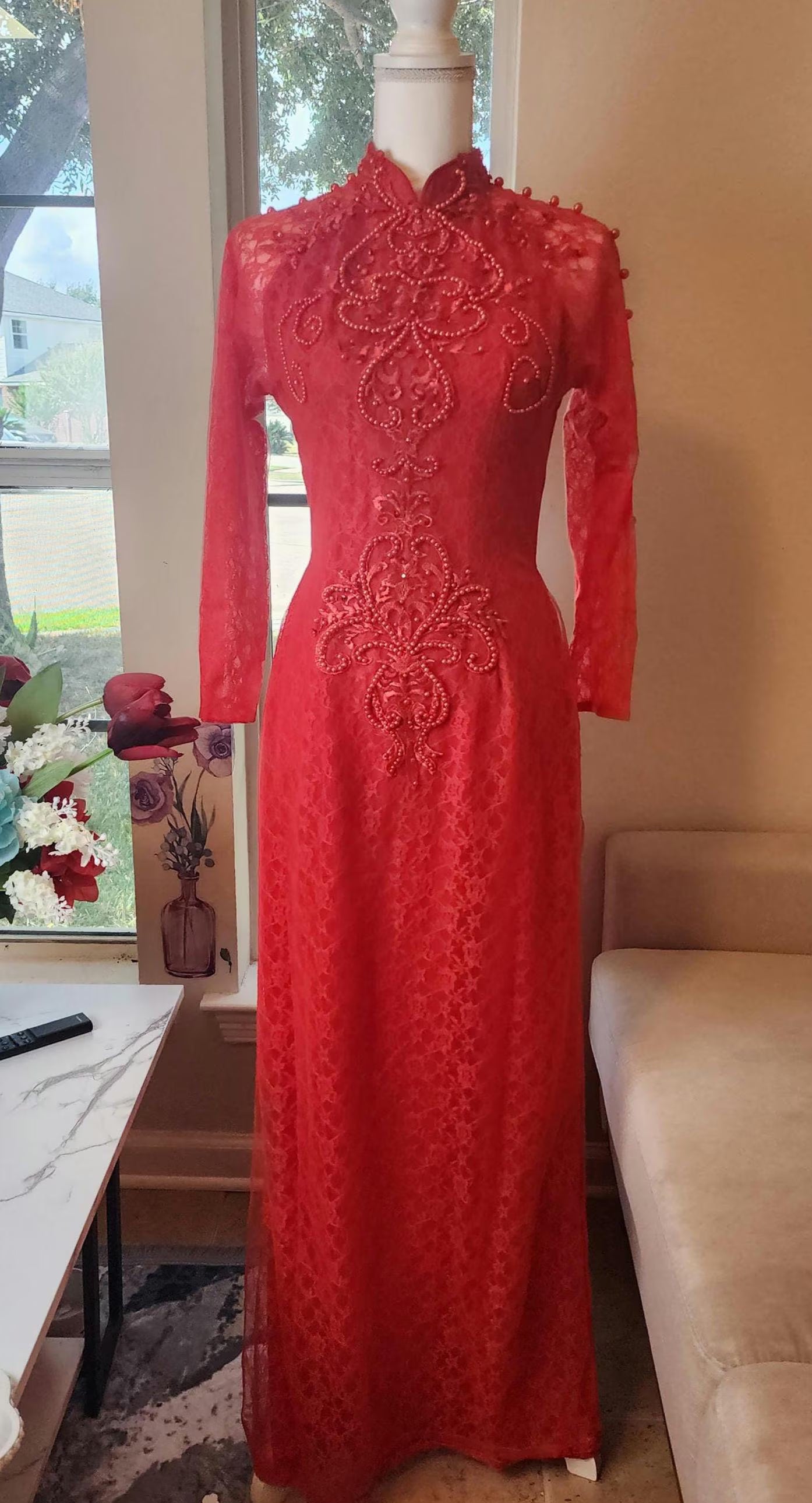 Crystal Chiffon Ao Dai Dress: Triple Layer Wedding Gown W169