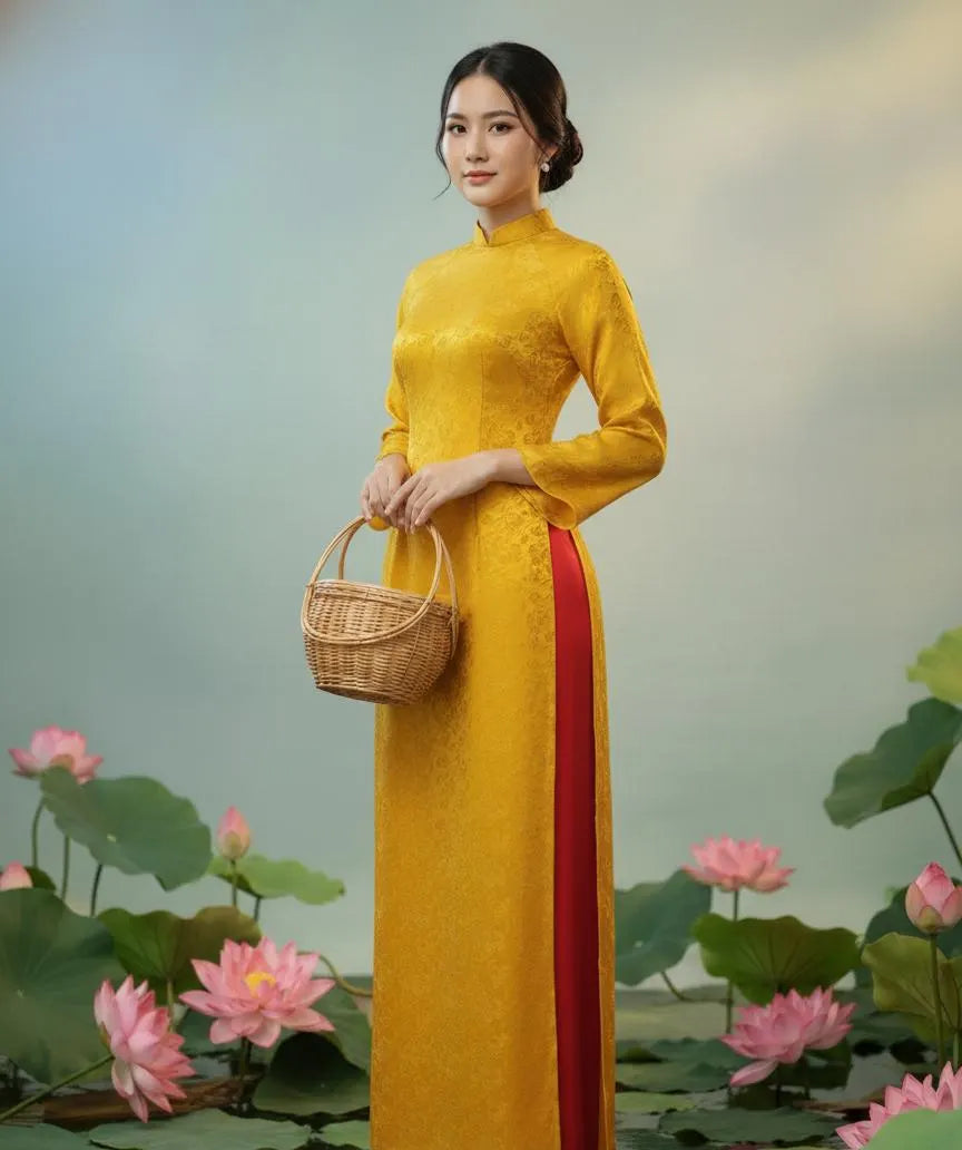 Ao Dai Lua To Tam Hà Nam: Vietnamese Traditional Long Dress with Red Pants G13