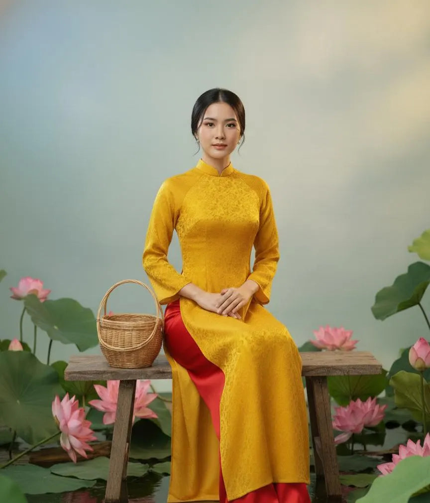 Ao Dai Lua To Tam Hà Nam: Vietnamese Traditional Long Dress with Red Pants G13