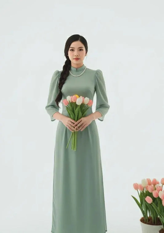 Ao Dai Tơ Óng 4 Layers: Vietnamese Traditional Long Dress with White Pants B13