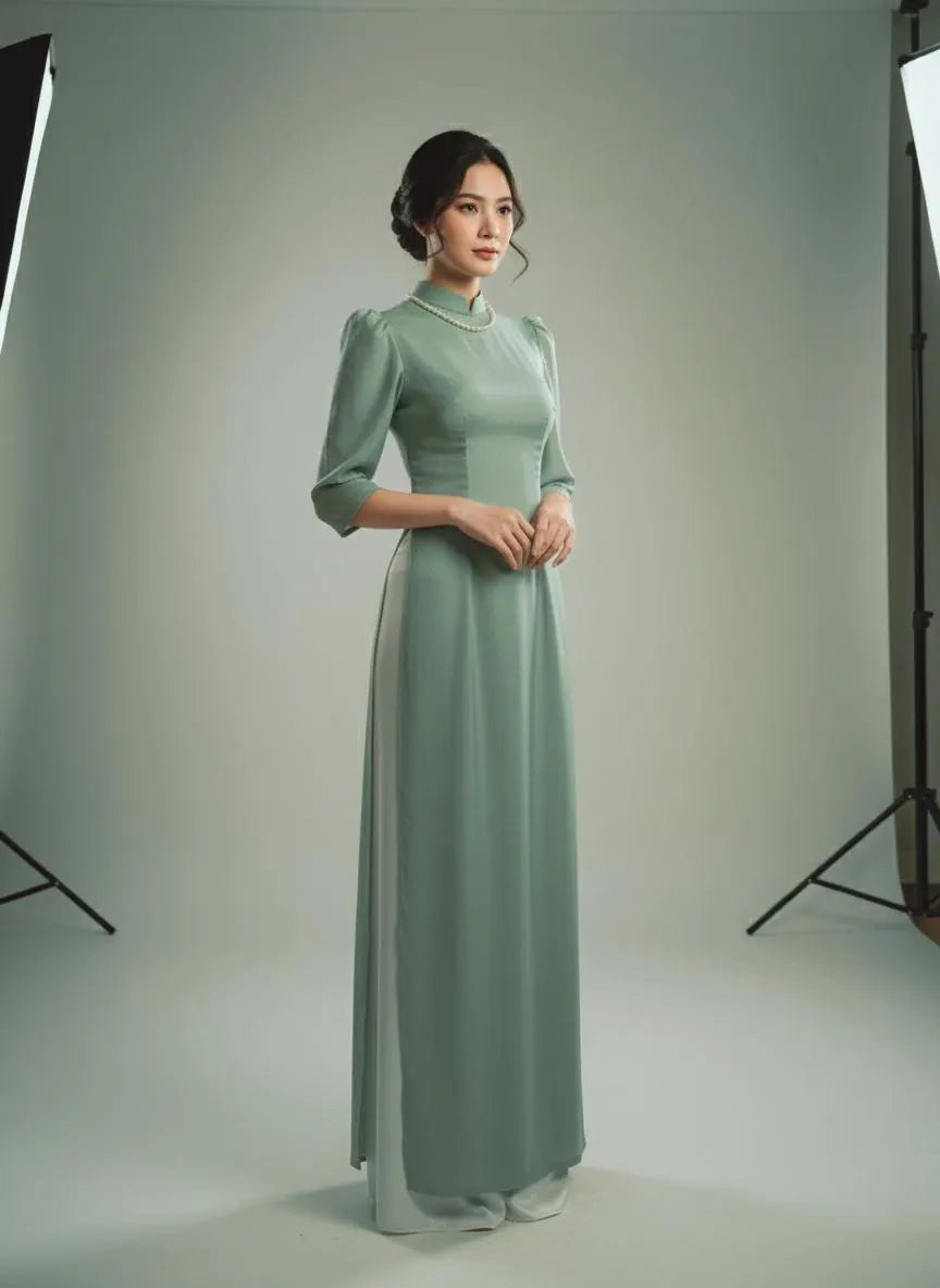 Ao Dai Tơ Óng 4 Layers: Vietnamese Traditional Long Dress with White Pants B13