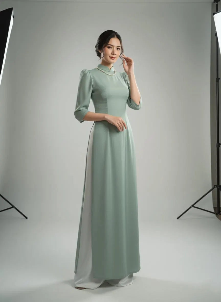 Ao Dai Tơ Óng 4 Layers: Vietnamese Traditional Long Dress with White Pants B13