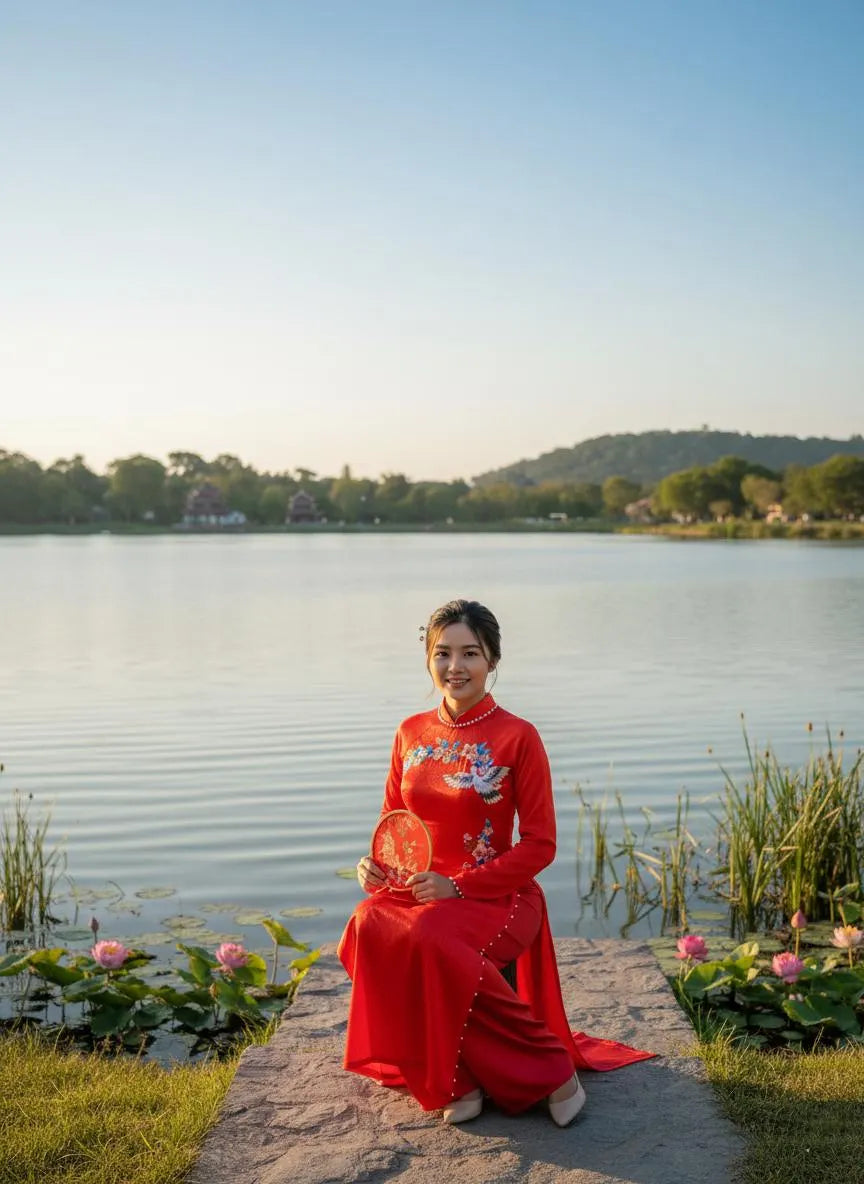 Red Ao Dai Dress: Vietnamese Traditional Long Dress / Red Pants included/TT173