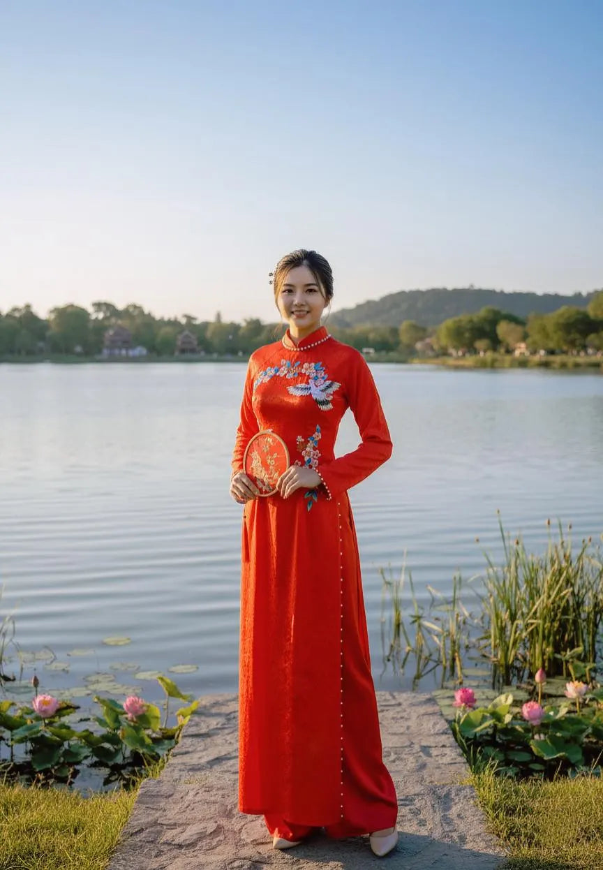Red Ao Dai Dress: Vietnamese Traditional Long Dress / Red Pants included/TT173