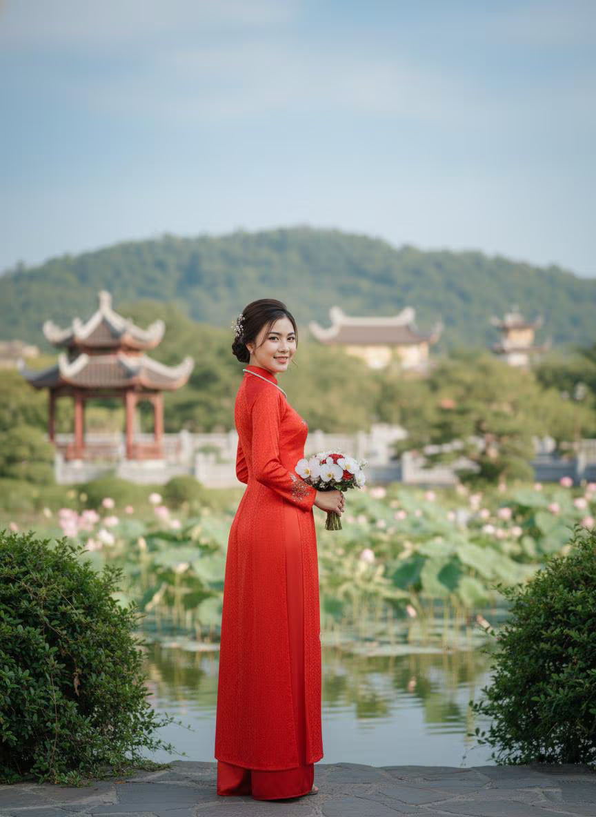 Red Ao Dai Dress: Vietnamese Traditional Long Dress/ Red Pants included/TT173