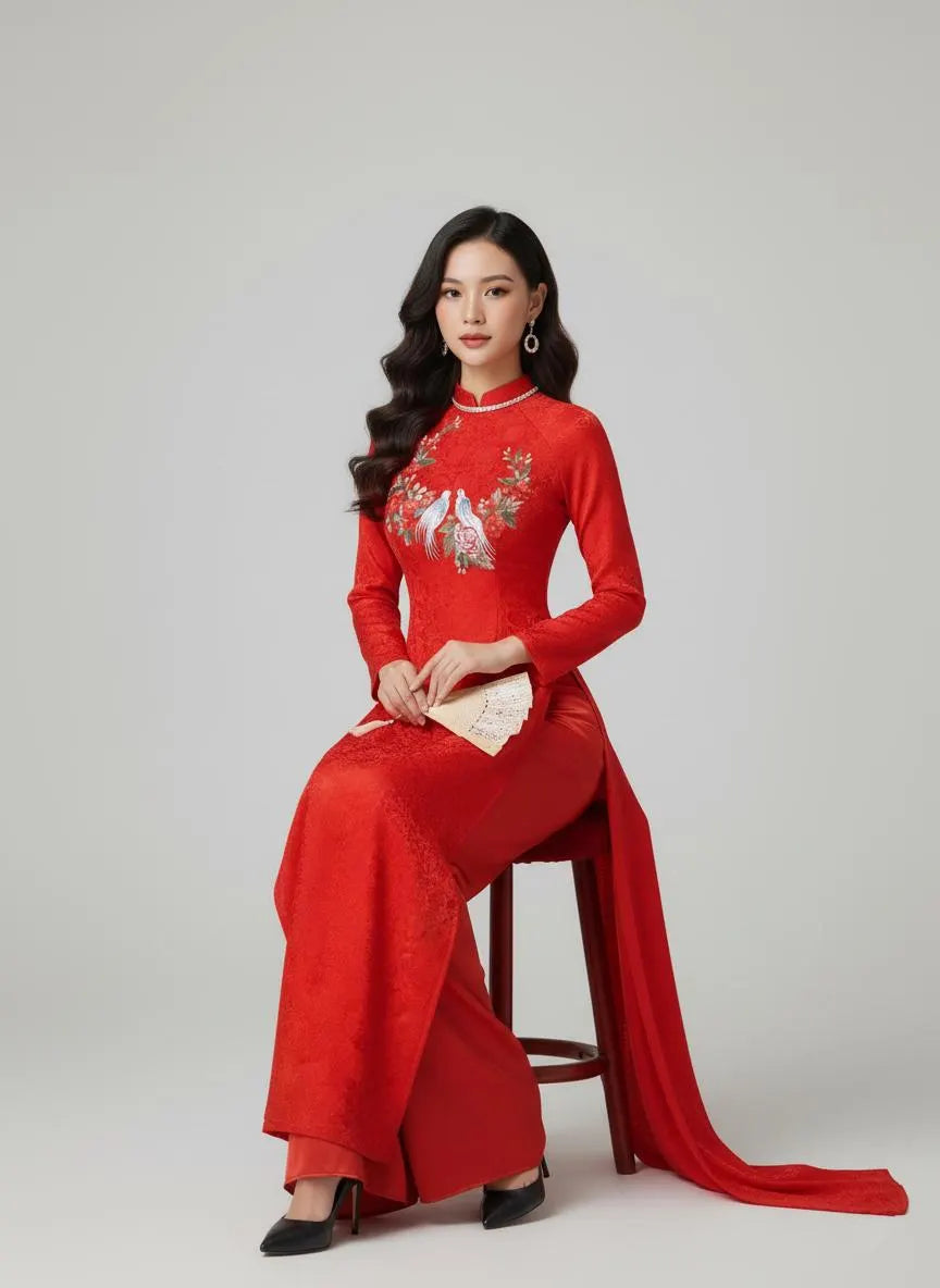 Set Ao Dai Lua Tra Mi Embroidered/ Red Pants included/TT173