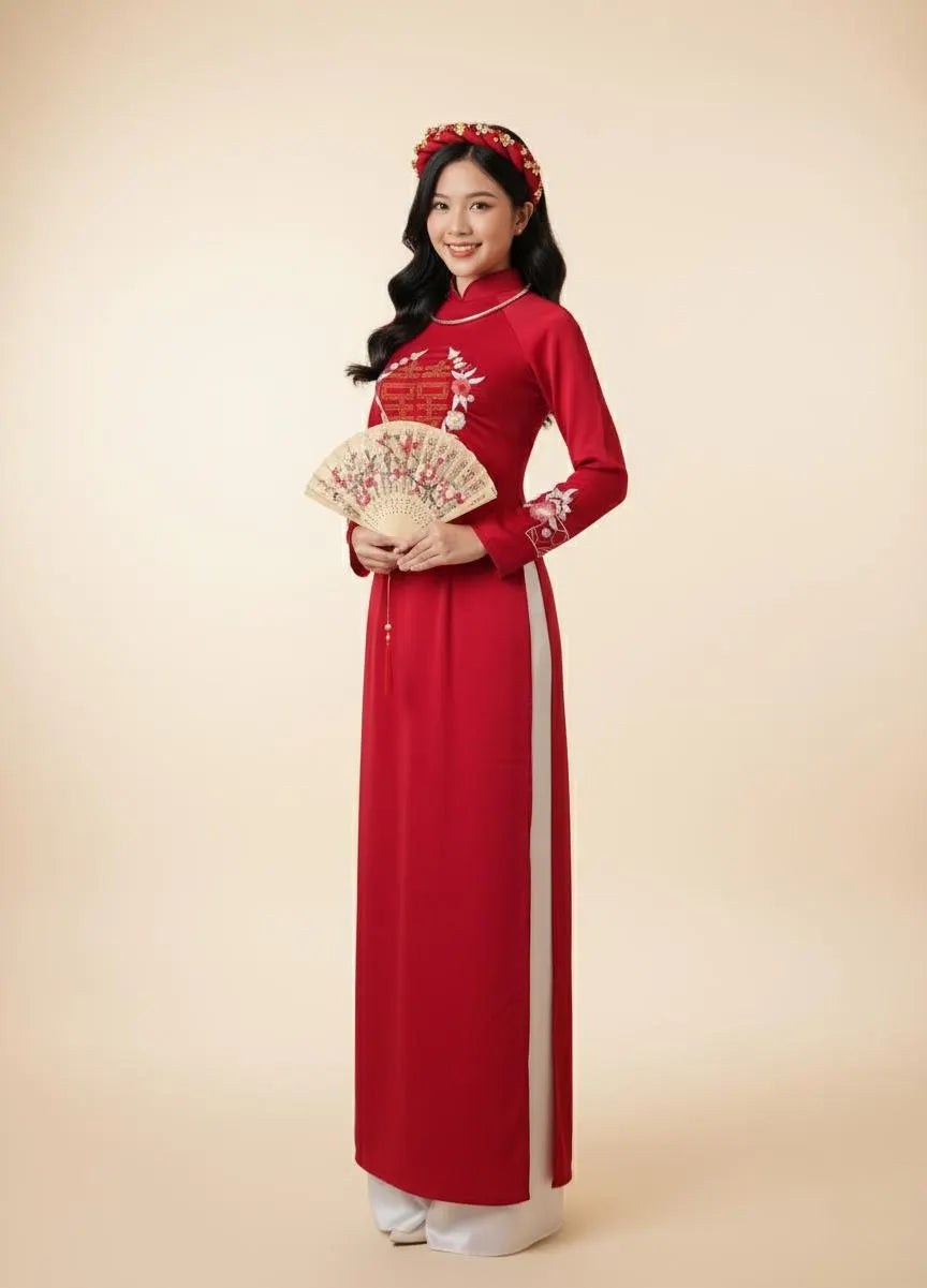 Set Ao Dai Lua Thái Tuấn Embroidered And Đính Kế/ White Pants included/TT171