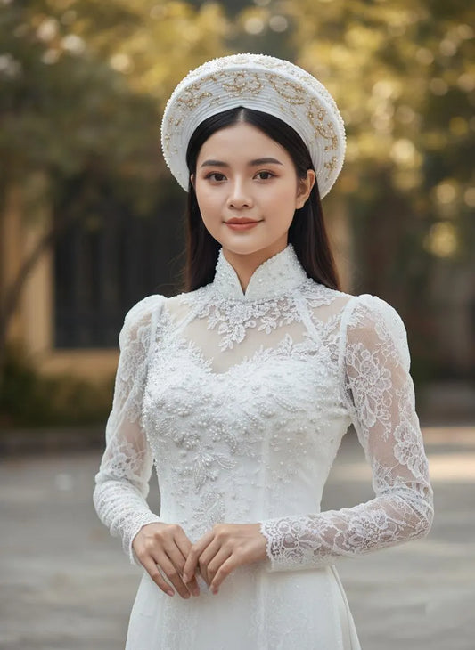Crystal Chiffon Ao Dai Dress: Triple Layer Wedding Gown W169