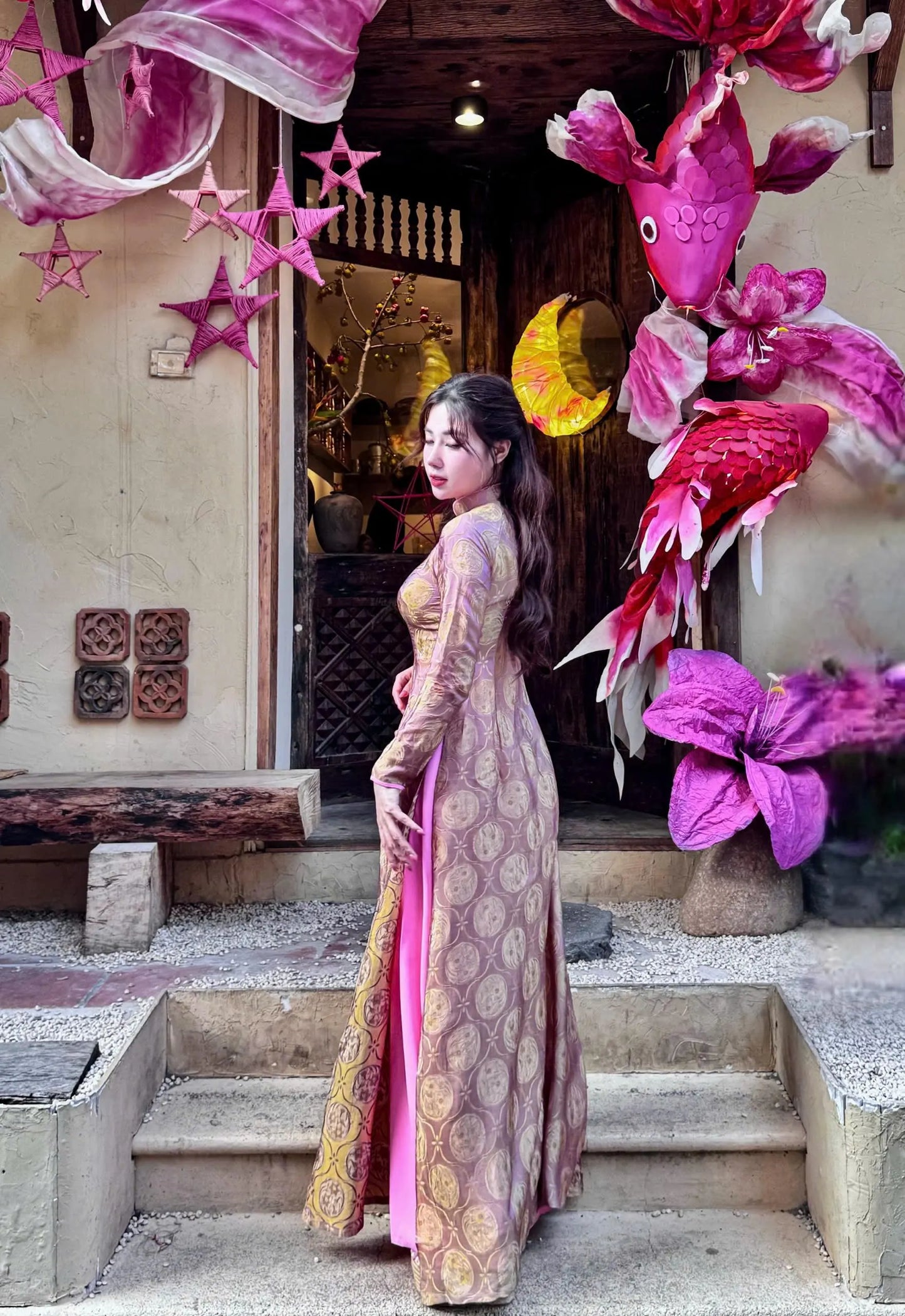Mauve gold brocade Mulberry Silk Set Ao Dai Dress, Lunar New Year 2026, TT81