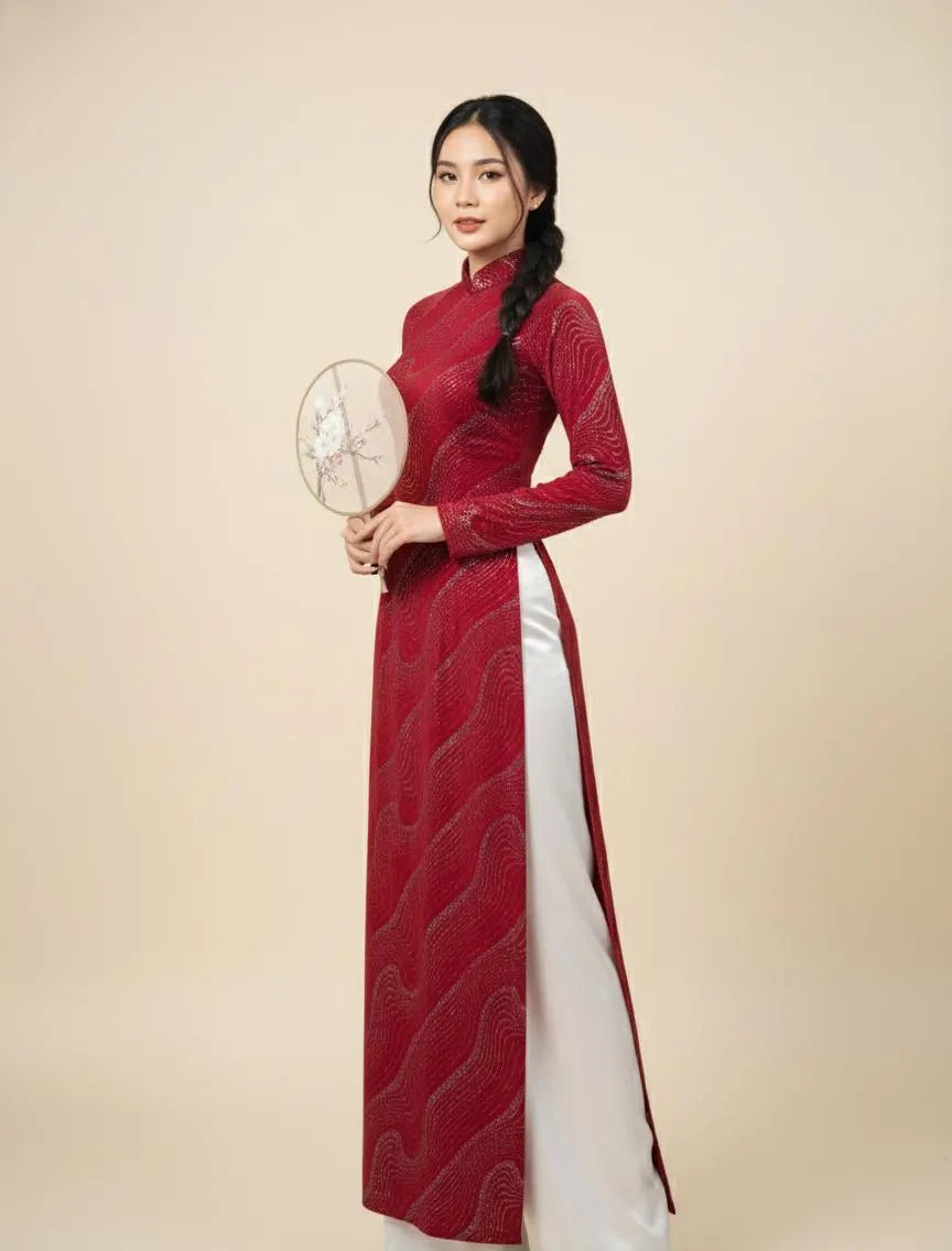 Ao Dai Nhung- Velet: Vietnamese Traditional Long Dress with white Pants G327