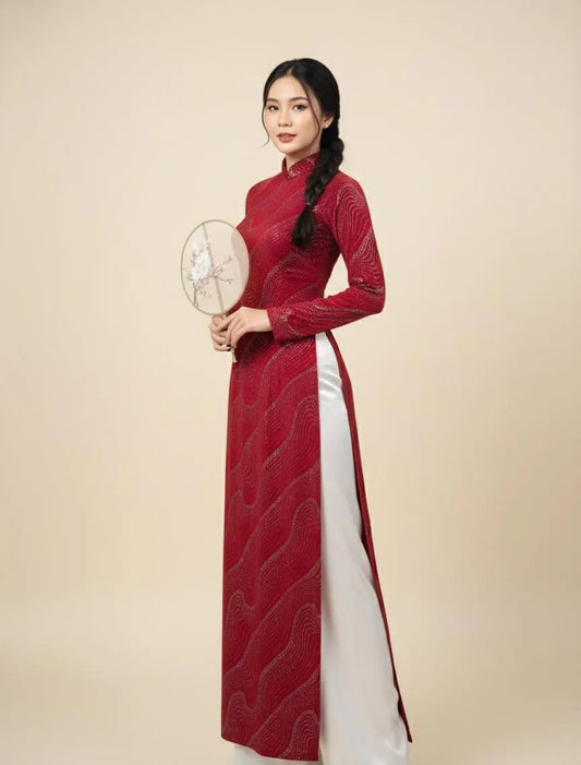 Ao Dai Nhung- Velet: Vietnamese Traditional Long Dress with white Pants G327