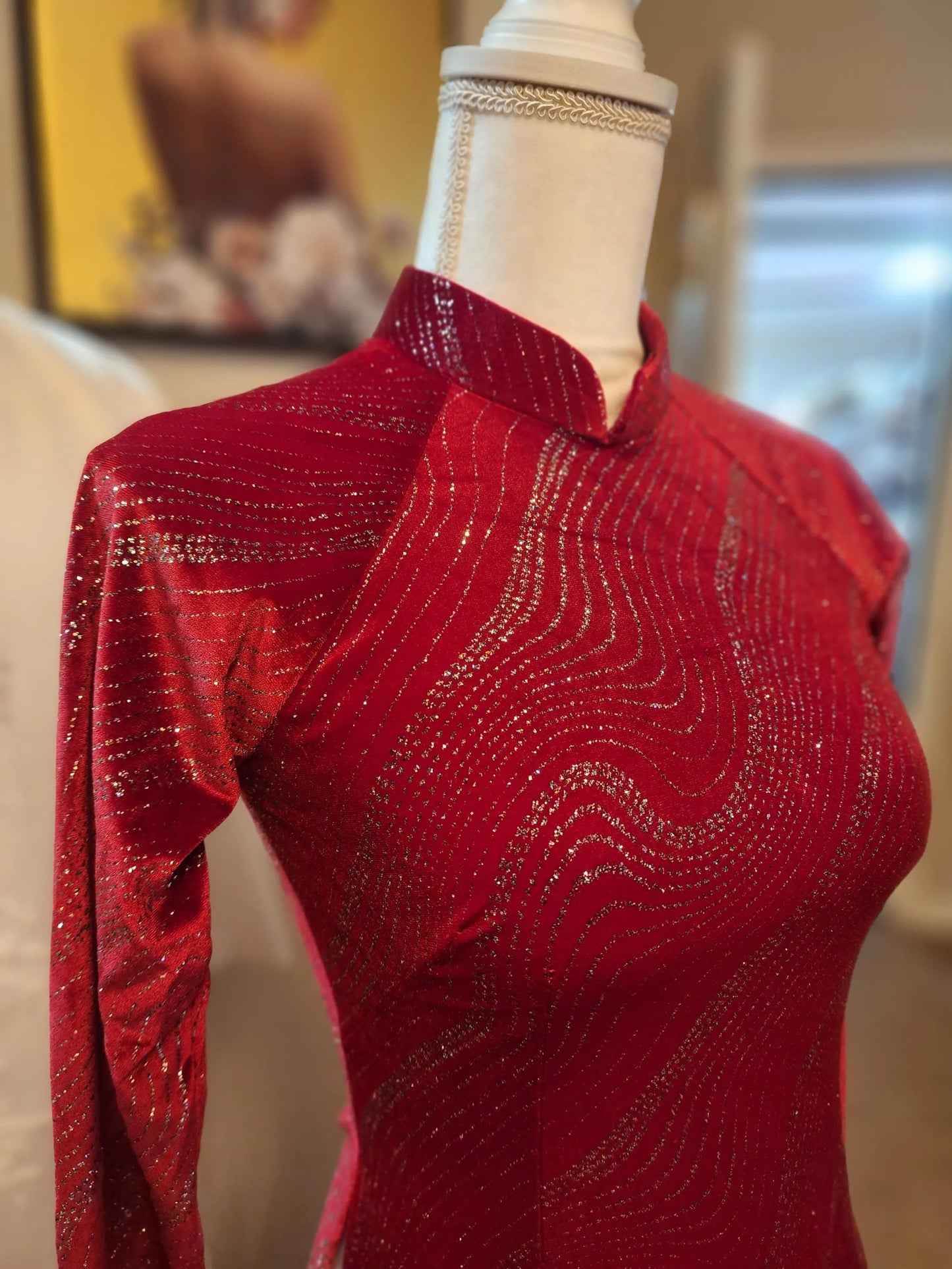 Ao Dai Nhung- Velet: Vietnamese Traditional Long Dress with white Pants G327