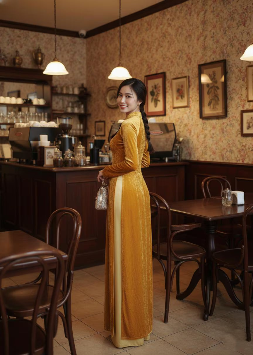 Ao Dai Nhung- Velet: Vietnamese Traditional Long Dress / Yellow Color/ No pants/ TT89