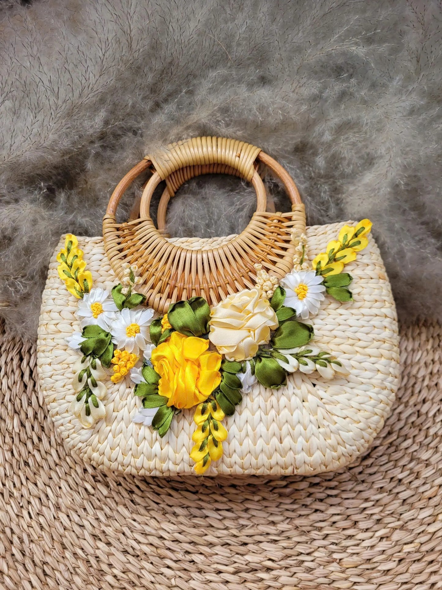 Handmade Woven Rattan Bag with 3D Ribbon Flowers | Straw Summer Purse | Vietnamese Basket Handbag