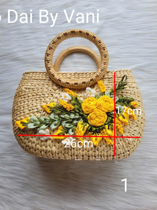 Handmade Woven Rattan Bag with 3D Ribbon Flowers, Luna New Year 2026 Accessory