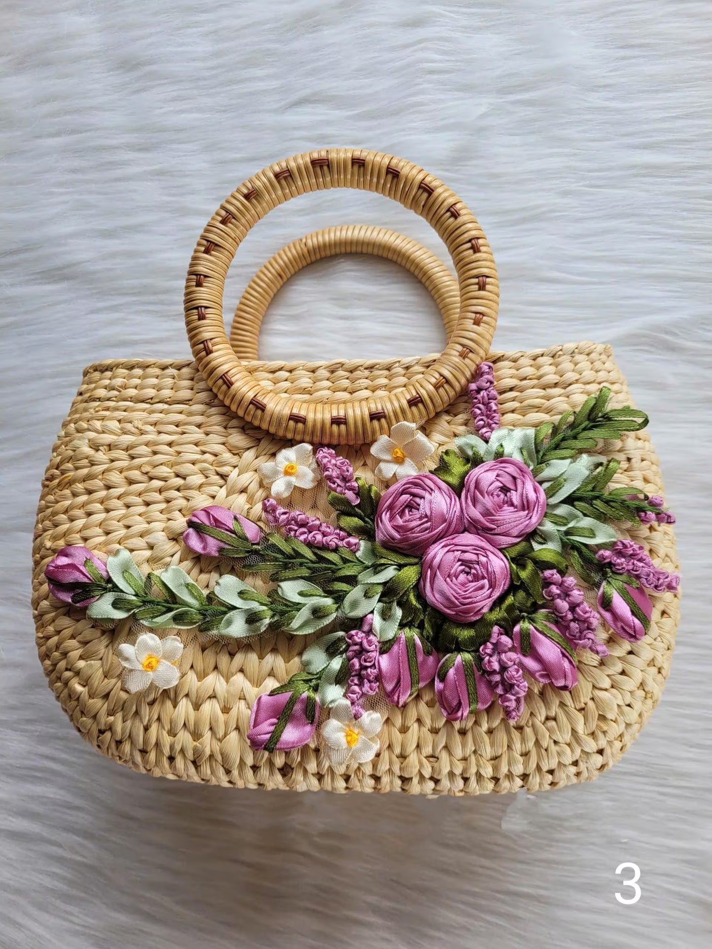 Handmade Woven Rattan Bag with 3D Ribbon Flowers, Luna New Year 2026 Accessory