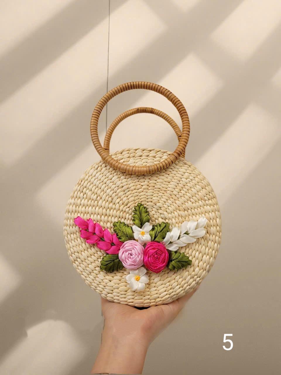 Handmade Woven Rattan Bag with 3D Ribbon Flowers