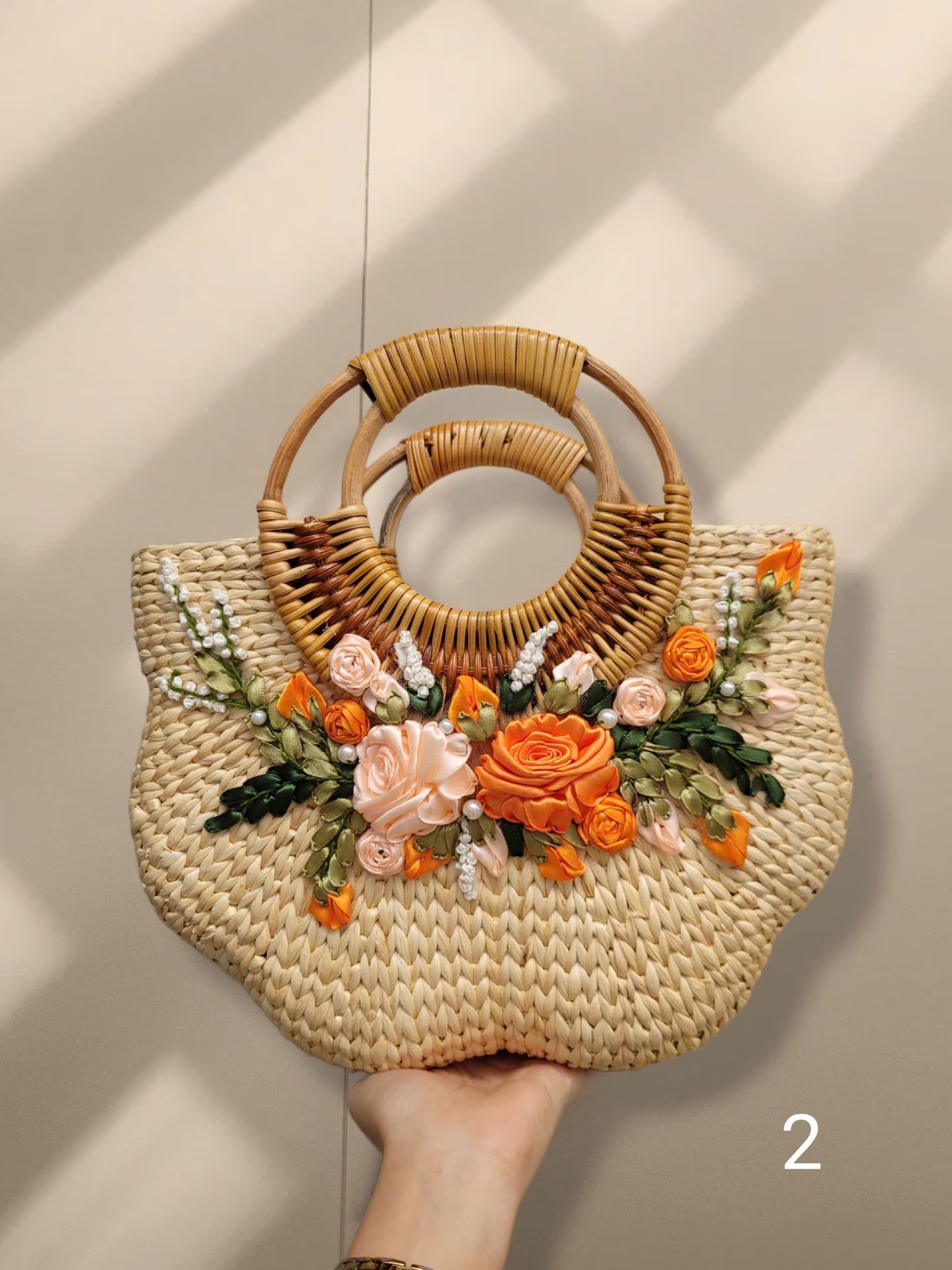 Luna New Year 2026 Accessory lHandmade Woven Rattan Bag with 3D Ribbon Embroidery Flowers