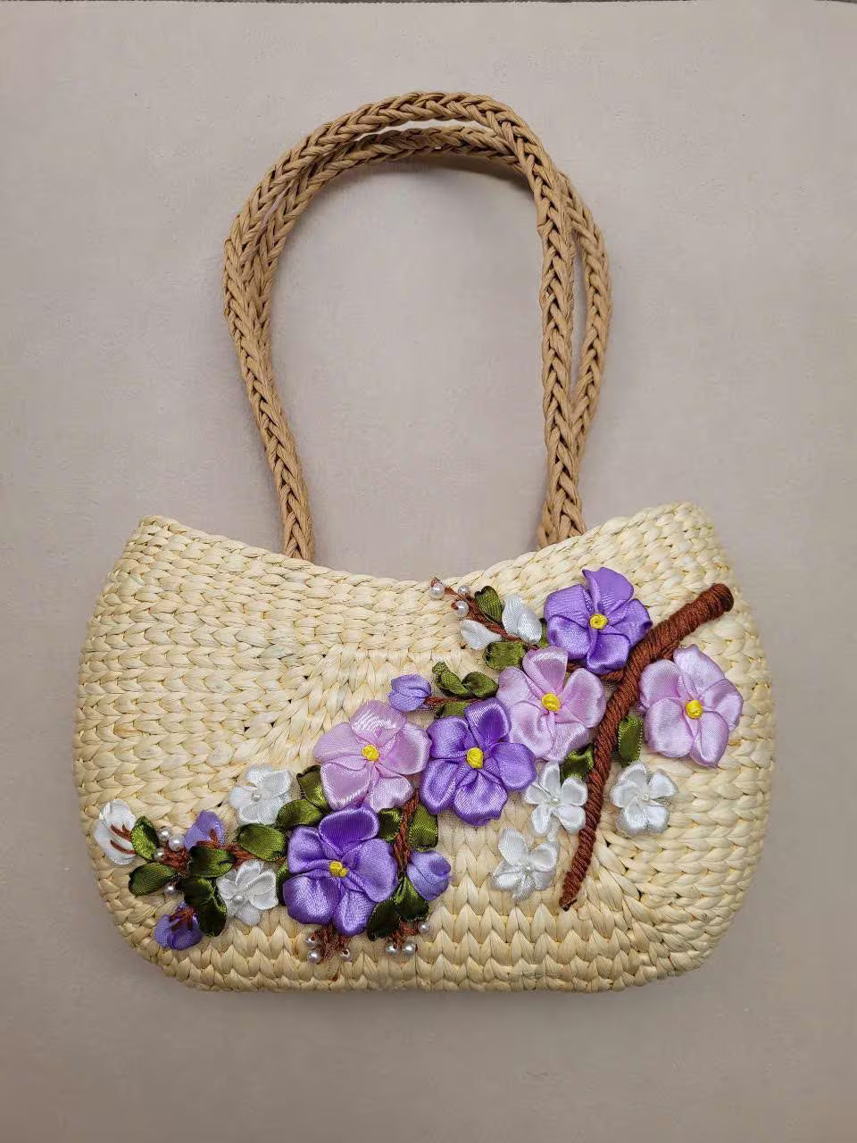 Handmade Woven Rattan Bag with 3D Ribbon Flowers, Floral Beach Bag | Vietnamese Basket Handbag
