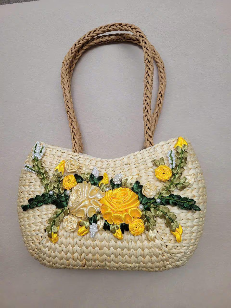 Handmade Woven Rattan Bag with 3D Ribbon Flowers, Floral Beach Bag | Vietnamese Basket Handbag