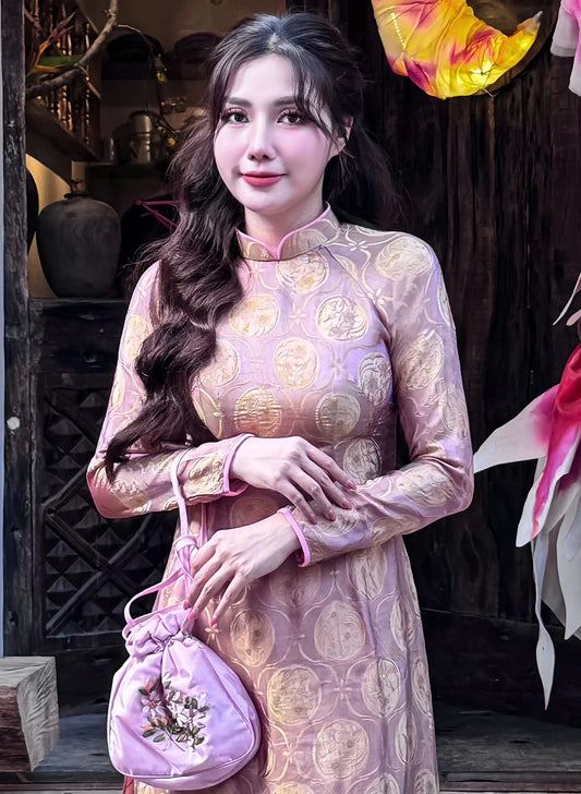 Mauve gold brocade Mulberry Silk Set Ao Dai Dress, Lunar New Year 2026, TT81