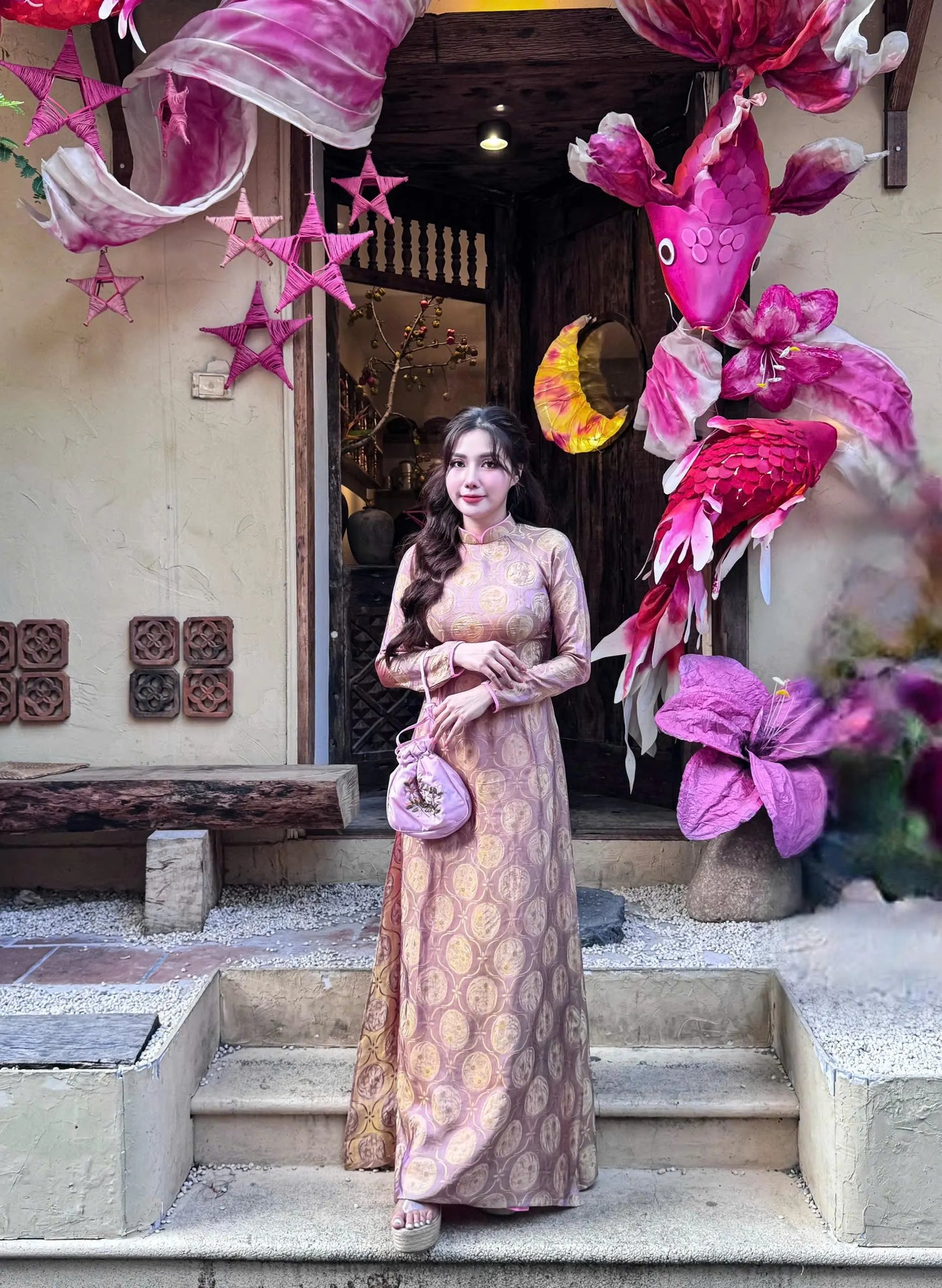 Mauve gold brocade Mulberry Silk Set Ao Dai Dress, Lunar New Year 2026, TT81