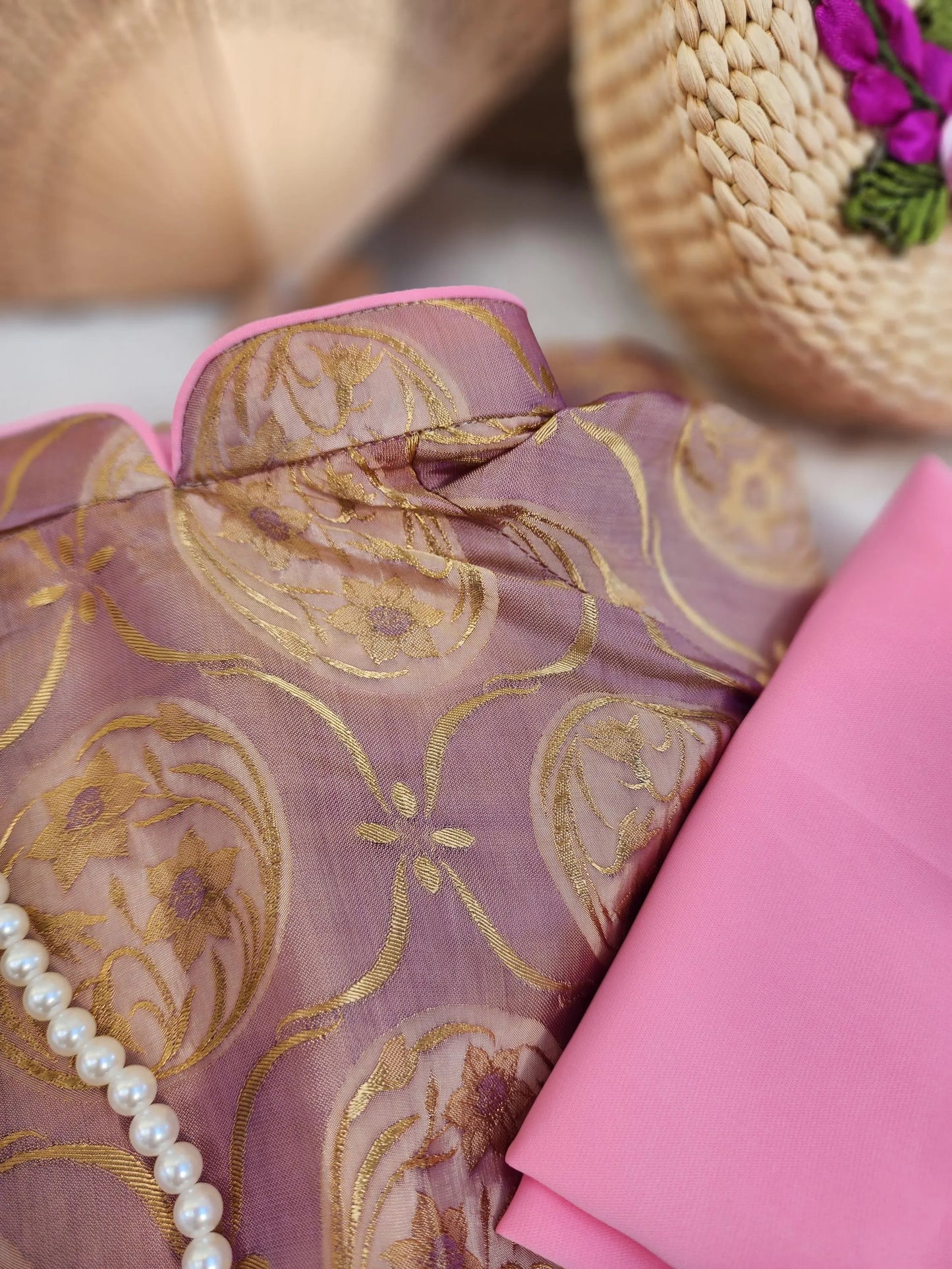 Mauve gold brocade Mulberry Silk Set Ao Dai Dress, Lunar New Year 2026, TT81