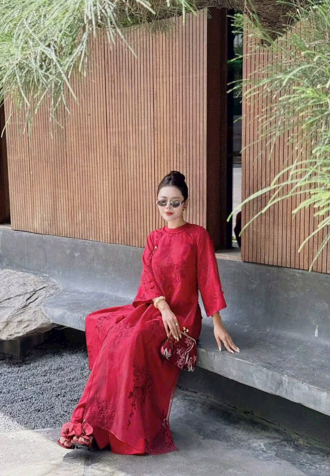 Burgundy Ao Dai Cach Tan Loose Style, Pants Included, Lunar New Year 2026, CT301