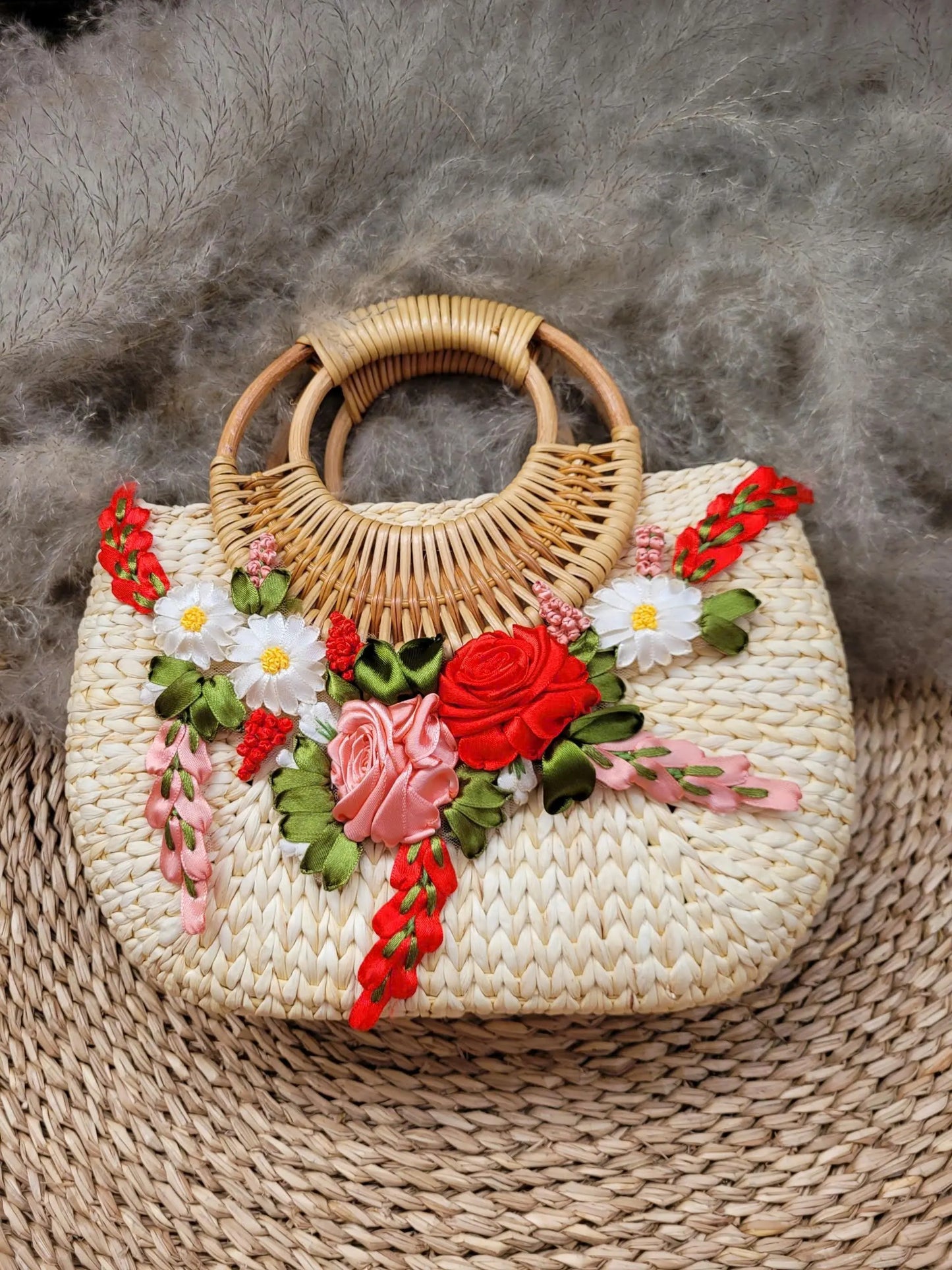 Handmade Woven Rattan Bag with 3D Ribbon Flowers | Straw Summer Purse | Vietnamese Basket Handbag